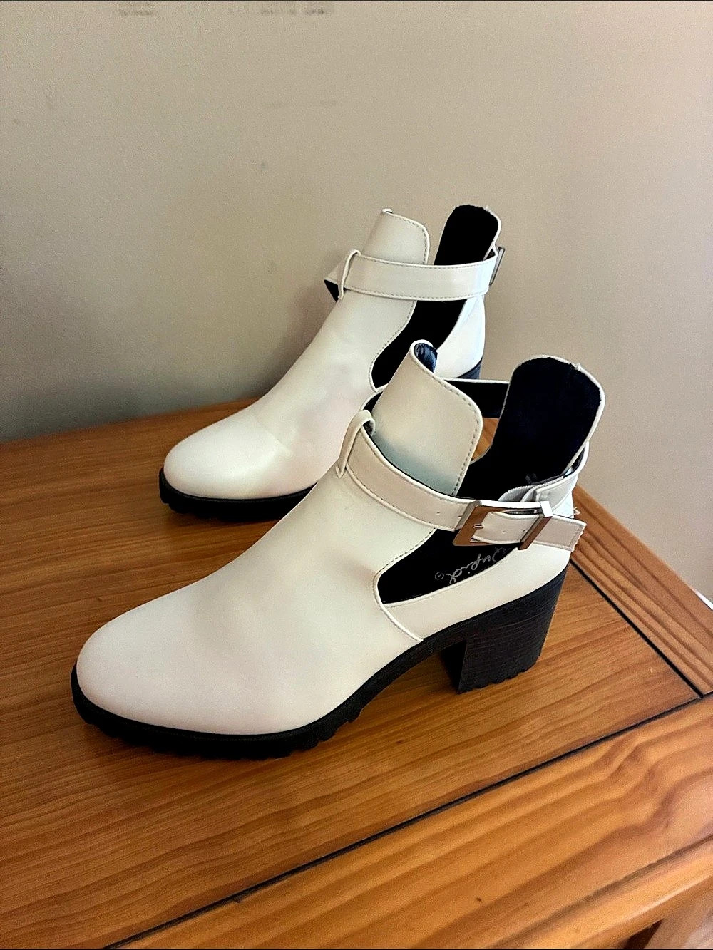 Qupid White & Black Ankle Boots with Buckle Detail